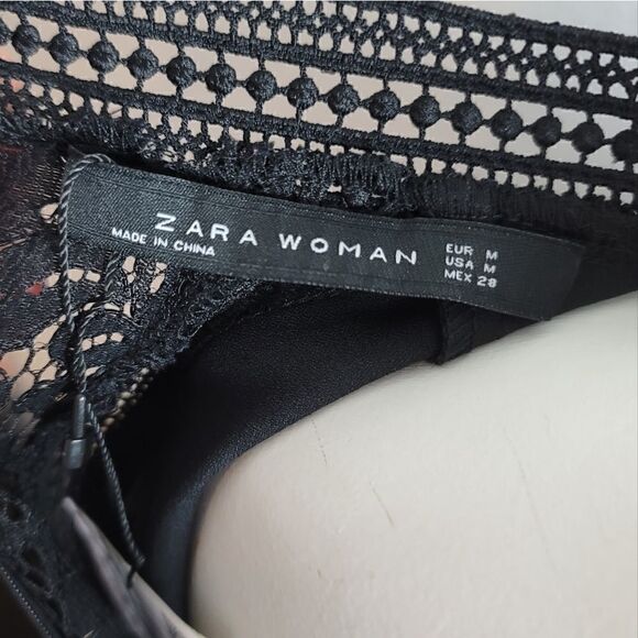 NWT ZARA WOMAN Lace Blouse Peplum Black Short Sleeve Mock Neck - Picture 11 of 14